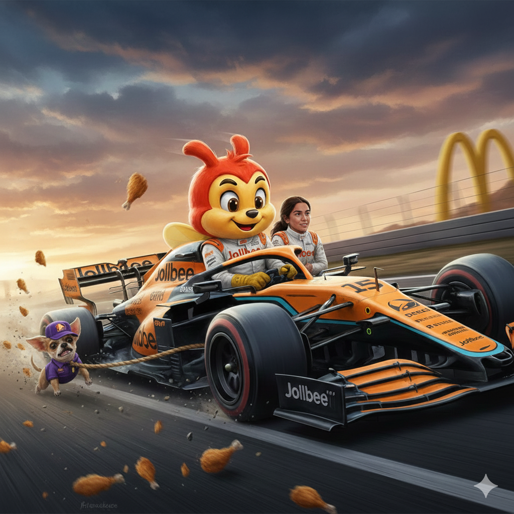 Jollibee-McLaren F1's chihuahua powered-powertrain Formula 1 car propelled on generative fried chicken power.