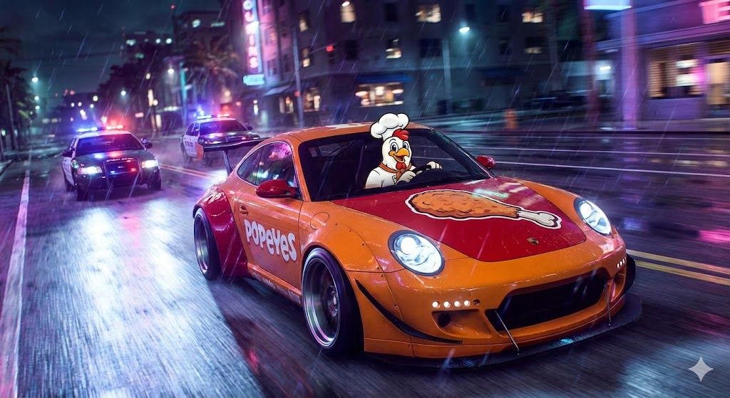 image of the mascot from the popeyes chicken restaurant in the video game Need for speed,
             driving from the cops in a customized car.