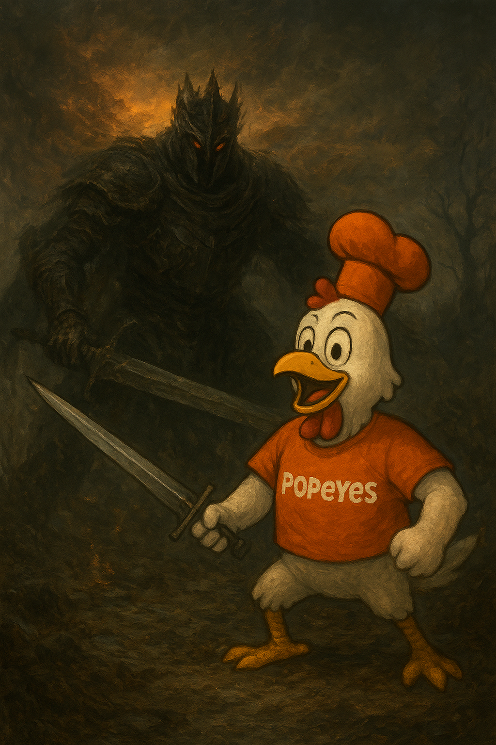 image of the mascot from the popeyes chicken 
            restaurant in the video game Elden Ring holding a sword fighting a emeny