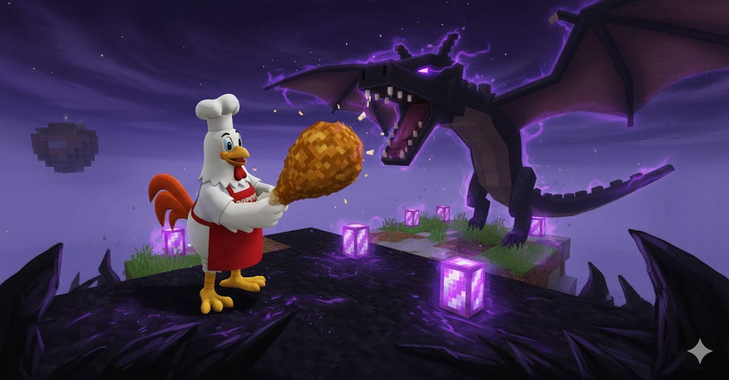 image of the chicken mascot from the popeyes 
            chicken restaurant in the video game minecraft. 
            the mascot is fighting the ender dragon with a chicken leg